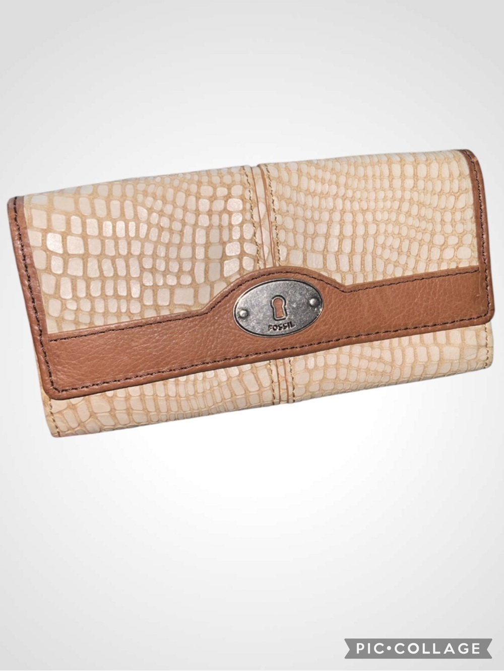 Fossil Cream & Tan Croc-Embossed Leather Trifold Wallet
